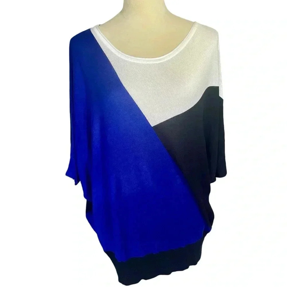 Chico's Sweater Size 2 Color Block Spencer Pullover Mysterious Blue‎ Women L